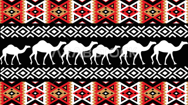 الحرفة والمهنة اليدوية في المملكة، التراث الشعبي لزخرفة السدو بأشكال هندسية مع رسم لحيوان الجمل، اتباع العادات والتقاليد السعودية بتربية الجمال والاهتمام بهم، تصميم سعودي للنقوش العربيه الاصيله الملونة، الفن الحرفي التراثي