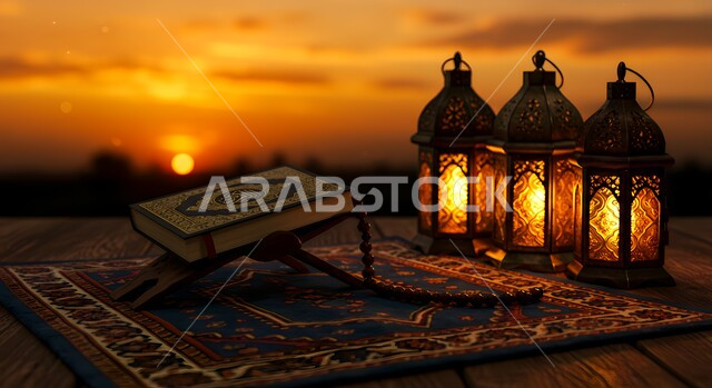 الاجتهاد في العبادة والتقرب إلى رب العالمين في شهر رمضان المبارك, سجادة الصلاة مع القرآن الكريم والسبحة ومجموعة فوانيس معدنية مضيئة, الإكثار من ذكر الله تعالى من خلال الاستغفار والدعاء، الالتزام بالأذكار اليومية، مفهوم التسبيح والتهليل، منظر غروب الشمس