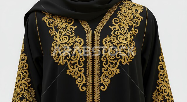 تصميم مميز عصري، صور مقربة لعباية نسائية، عباءه خليجية فاخرة سوداء مطرزة باللون الذهبي, ازياء محجبات انيقة، أثواب وجلابيات للمحجبات و الموضة والأزياء, خلفية بيضاء