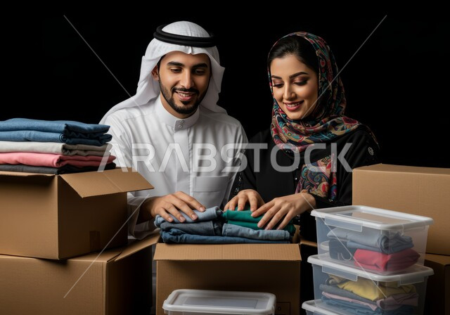 توفير المستلزمات الضرورية للفقراء، مفهوم المساعدة والتبرع، بورتريه لرجل عربي خليجي سعودي يرتدي الثوب التقليدي والشماغ يقوم بتجهيز صناديق التبرعات برفقة زوجته، مشاركة الزوجين بتأمين الملابس وإهدائها للمحتاجين، جمعية خيرية ومبادرة انسانية في السعودية، خلفية سوداء