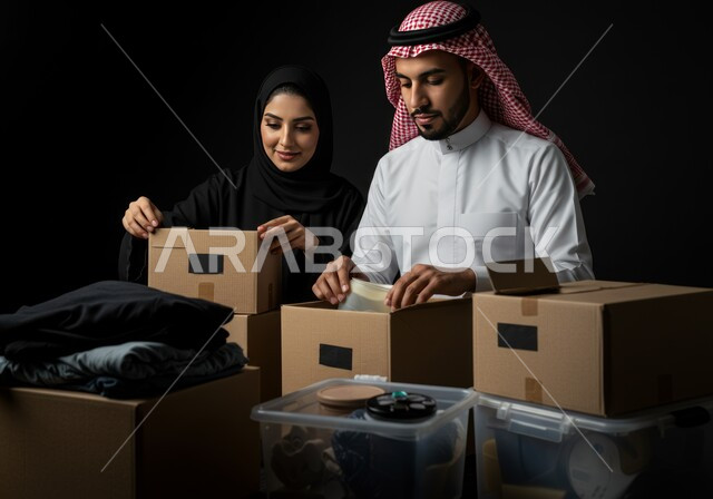 مشاركة الزوجين بتأمين الملابس وإهدائها للمحتاجين، توفير المستلزمات الضرورية للفقراء، مفهوم المساعدة والتبرع، بورتريه لرجل عربي خليجي سعودي يرتدي الثوب التقليدي والغترة يقوم بتجهيز صناديق التبرعات برفقة زوجته، جمعية خيرية ومبادرة انسانية في السعودية، خلفية سوداء