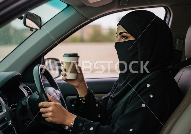 الإمساك بكوب ورقي داخل السيارة, حرية القيادة للمرأة، صورة من الجانب لسيدة عربية خليجية سعودية منقبة ترتدي العباءة السوداء تجلس وتحمل مشروبها المفضل، مفهوم الحشمة والالتزام, اعتماد النساء على أنفسهن في وسائل النقل والمواصلات