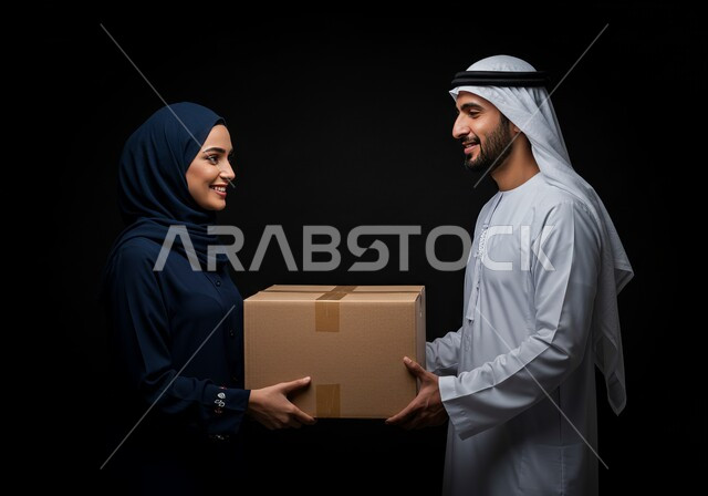 خدمة الديلفري السريعة والآمنة، خدمات التوصيل السريع في الامارات، بورتريه لرجل عربي خليجي اماراتي يرتدي الكندورة والغترة يقوم بتسليم طرد لسيدة محجبة، الشراء عن طريق الانترنت، مفهوم التسوق الالكتروني، حمل صناديق المشتريات، خلفية سوداء