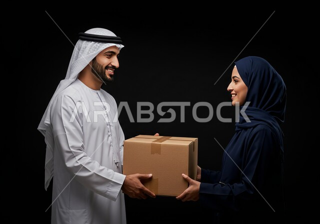 خدمات التوصيل السريع في الامارات، بورتريه لرجل عربي خليجي اماراتي يرتدي الكندورة والغترة يقوم بتسليم طرد لسيدة محجبة، الشراء عن طريق الانترنت، مفهوم التسوق الالكتروني، خدمة الديلفري السريعة والآمنة، حمل صناديق المشتريات، خلفية سوداء