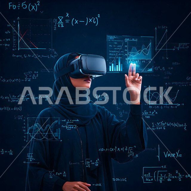 مفهوم التحليل المالي وفرص الاستثمار, سوق الأوراق المالية, تداول العملة الرقمية، امرأة عربية خليجية سعودية محجبة ترتدي عباءة سوداء تضع نظارة الفي ار تقوم بمشاهدة الإحصائيات المالية, هبوط وصعود أسهم البورصة, عناصر هولوجرامية ثلاثية الأبعاد