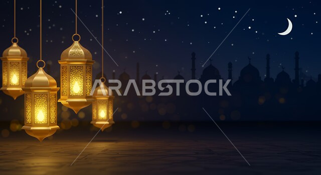 الأجواء الروحانية الرمضانية، المناسبة والعيد الديني الإسلامي، مجموعة من الفوانيس المعدنية المضيئة المعلقة, هلال رمضان المبارك مع النجوم اللامعة، البهجة بقدوم شهر الخير، تحفة واكسسوار تقليدي متميز، خلفية المسجد 
