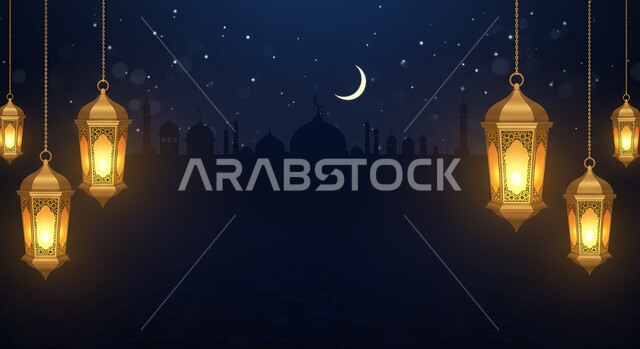 المناسبة والعيد الديني الإسلامي، مجموعة من الفوانيس المعدنية المضيئة المعلقة, هلال رمضان المبارك مع النجوم اللامعة، البهجة بقدوم شهر الخير، الأجواء الروحانية الرمضانية، تحفة واكسسوار تقليدي متميز، خلفية المسجد 