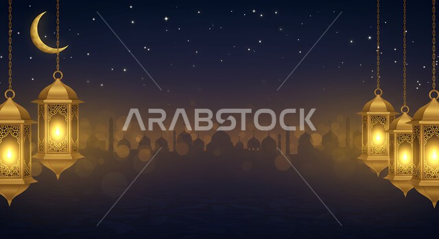 هلال رمضان المبارك مع النجوم اللامعة، المناسبة والعيد الديني الإسلامي، مجموعة من الفوانيس المعدنية المضيئة المعلقة, البهجة بقدوم شهر الخير، الأجواء الروحانية الرمضانية، تحفة واكسسوار تقليدي متميز، خلفية المسجد 