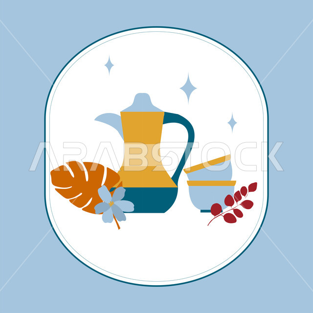 كرم الضيافة وحسن الاسقبال، بطاقة تهنئة المسلمين بقدوم العيد، أجواء رمضانية روحانية، العبادة والتقرب الى الله في رمضان المبارك، الاعياد والمناسبات الدينية، تصميم وديكور وزينة اسلامية تقليدية، رسم توضيحي لدلة القهوة مع الفناجبن، خلفية زرقاء