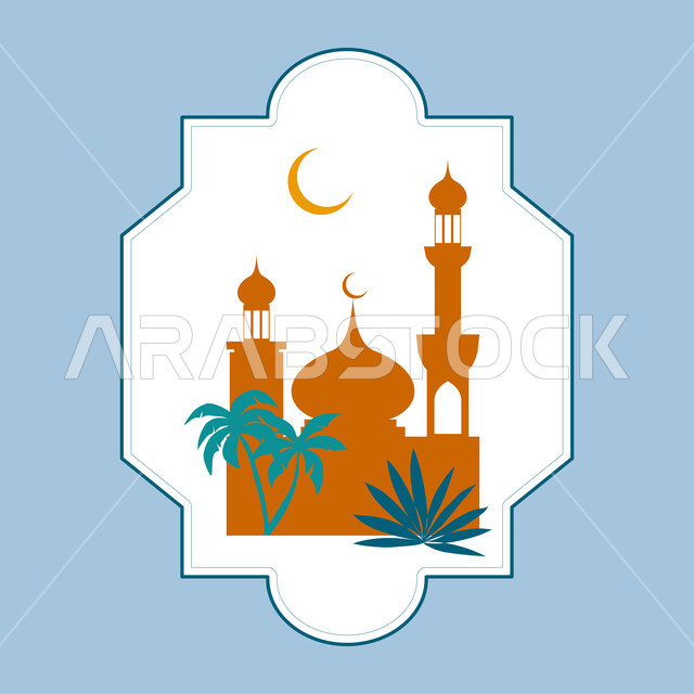 Muslim Eid greeting card, religious occasions and holidays, illustration of an Islamic style mosque with the crescent moon, traditional Islamic design, decoration and ornament, worship and getting closer to God in the holy month of Ramadan, spiritual Ramadan atmosphere, blue background