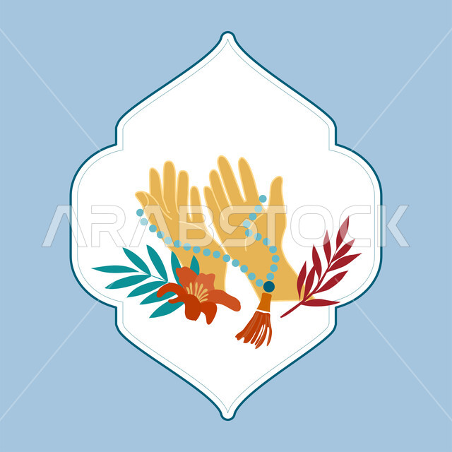 Worship and getting closer to the Lord of the Worlds, remembering God frequently in the blessed month of Ramadan, supplication, prayer and asking for forgiveness, the concept of glorification and praise, a greeting card for Muslims on the occasion of Eid, religious occasions and holidays, an illustration of two hands with a rosary, a spiritual Ramadan atmosphere, a blue background