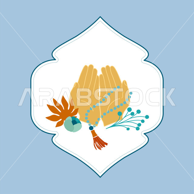 الدعاء والتضرع وطلب المغفرة، العبادة والتقرب الى رب العالمين، الاكثار من ذكر الله في رمضان المبارك، مفهوم التسبيح والحمد، بطاقة تهنئة المسلمين بقدوم العيد، المناسبات والاعياد الدينية، رسم توضيحي ليدين مع سبحة، أجواء رمضانية روحانية، خلفية زرقاء