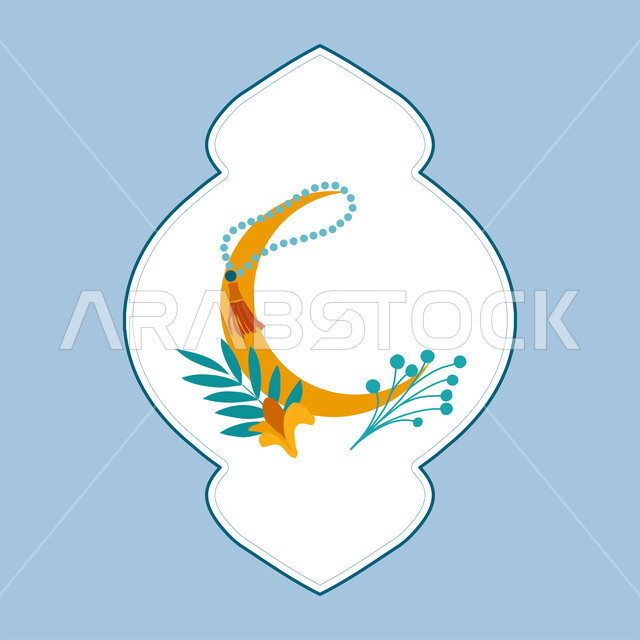 الاكثار من ذكر الله في رمضان المبارك، مفهوم التسبيح والحمد، بطاقة تهنئة المسلمين بقدوم العيد، المناسبات والاعياد الدينية، رسم توضيحي لهلال الشهر مع سبحة، تصميم وديكور وزينة اسلامية تقليدية، العبادة والتقرب الى رب العالمين، أجواء رمضانية روحانية، خلفية زرقاء