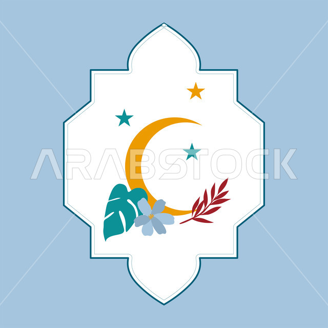 أجواء رمضانية روحانية، العبادة والتقرب الى الله في رمضان المبارك، بطاقة تهنئة المسلمين بقدوم العيد، الاعياد والمناسبات الدينية، تصميم وديكور وزينة اسلامية تقليدية، رسم توضيحي لهلال الشهر الفضيل مع النجوم، خلفية زرقاء