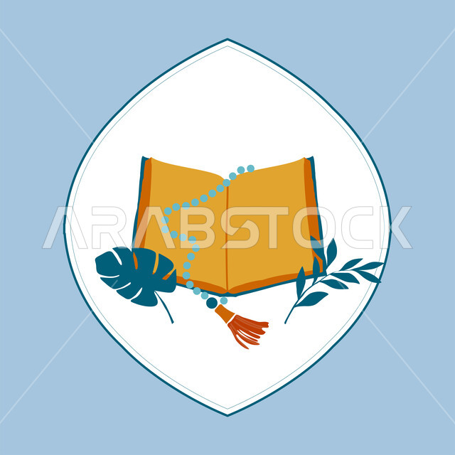 تلاوة القرآن الكريم وفهم معانيه، العبادة والتقرب الى رب العالمين، الاكثار من ذكر الله في رمضان المبارك، مفهوم التسبيح والحمد، بطاقة تهنئة المسلمين بقدوم العيد، المناسبات والاعياد الدينية، رسم توضيحي للمصحف الشريف مع سبحة، أجواء رمضانية روحانية، خلفية زرقاء