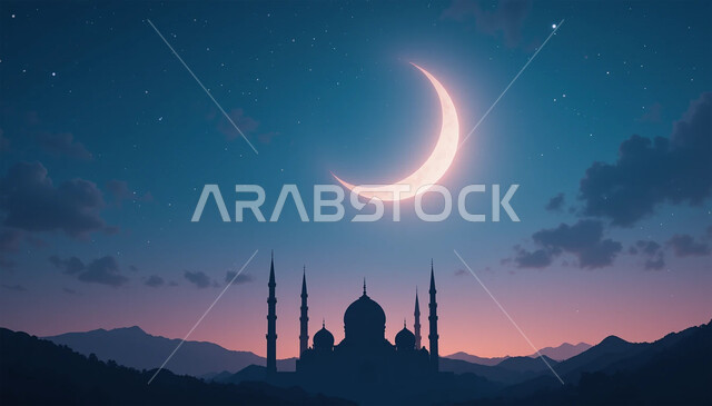 نداء المسلمين لأداء فريضة الصلاة، التصميم الاسلامي للمآذن والقبب، منظر الهلال في السماء مع النجوم، مفهوم العباده والتقرب إلى الله، صورة ظلية لمسجد في المملكة العربية السعودية، مكان ديني على الطراز العصري الحديث، سالوييت