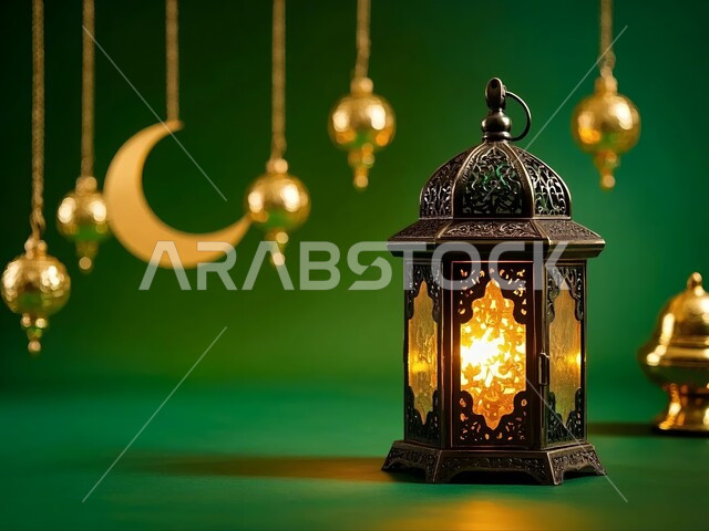 هلال رمضان المبارك المعلق، المناسبة والعيد الديني الإسلامي، الفانوس المعدنية المضيئة, البهجة بقدوم شهر الخير، الأجواء الروحانية الرمضانية، تحفة واكسسوار تقليدي متميز، خلفية خضراء، كروما