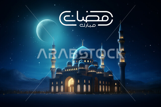 عبارة رمضان مبارك، العبادة والتقرب إلى الله تعالى، الديكورات والتصاميم الهندسية المميزة، رسومات توضيحية ثلاثية الابعاد لمسجد  في الليل، المآذن والقبب المزخرفه للمساجد الإسلامية، هلال رمضاني في السماء