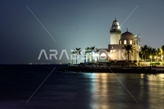 Al-Rahma Mosque floating on the sea, landmarks of Jeddah in Saudi Arabia, tourist attractions, landscapes, beauty of Saudi Arabia