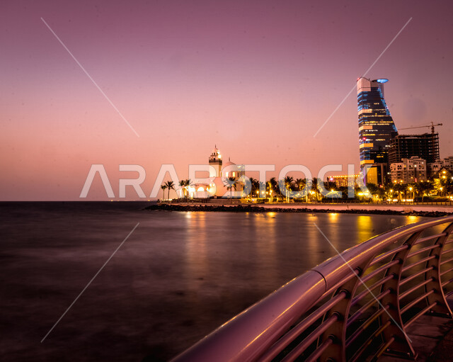 Al-Rahma Mosque floating on the sea at sunset, landmarks of Jeddah in the Kingdom of Saudi Arabia, tourist attractions, landscapes, beauty of Saudi Arabia
