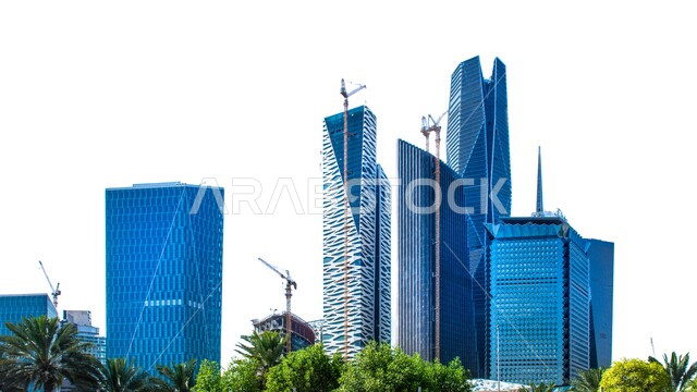 Achieving economic and commercial renaissance, growth and urban progress of skyscrapers in the Kingdom of Saudi Arabia, modern and advanced architectural art of the towers of King Abdullah Financial City (KAFD) in Riyadh during the day, the main destination for finance and business, white background