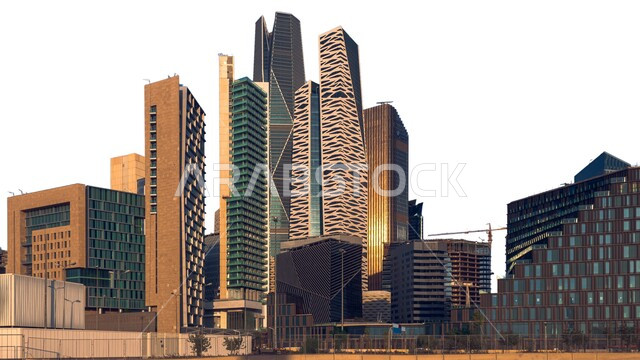 Growth and urban progress of skyscrapers in Saudi Arabia, modern and advanced architectural art of the towers of King Abdullah Financial District (KAFD) in Riyadh during the day, the main destination for finance and business, achieving economic and commercial renaissance, white background
