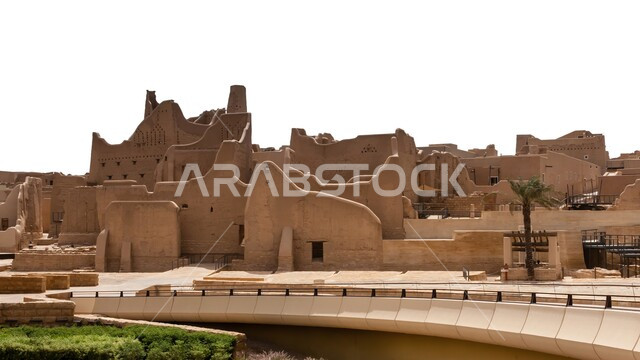 معلم تاريخي مشهور، إحياء تراث المملكة، مكان سياحي تراثي في السعودية، البيوت الطينية والمباني الأثرية في حي الطريف في الدرعية القديمة، الفن الهندسي المعماري على الطراز القديم، يوم بدينا 22 فبراير، تأسيس الدولة السعودية الأولى 1727م، خلفية بيضاء