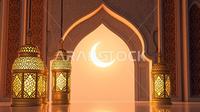 تحف واكسسوارات وزينة رمضان المبارك، المناسبات الدينية والأعياد الإسلامية, استقبال الأجواء الرمضانية الروحانية في المملكة العربية السعودية، مجموعة فوانيس معدنية مزخرفة ومضيئة مع هلال الشهر الفضيل