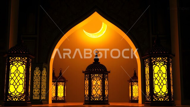 مجموعة فوانيس معدنية مزخرفة ومضيئة مع هلال الشهر الفضيل، استقبال الأجواء الرمضانية الروحانية في المملكة العربية السعودية، المناسبات الدينية والأعياد الإسلامية, تحف واكسسوارات وزينة رمضان المبارك