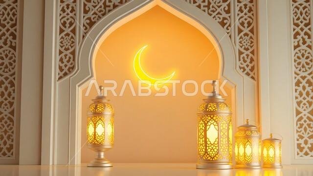 تحف واكسسوارات وزينة رمضان المبارك، المناسبات الدينية والأعياد الإسلامية, استقبال الأجواء الرمضانية الروحانية في المملكة العربية السعودية، مجموعة فوانيس معدنية مزخرفة ومضيئة مع هلال الشهر الفضيل