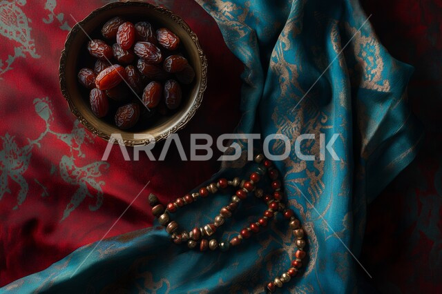 الاكثار من الاذكار في رمضان المبارك، غذاء لذيذ ومفيد، منتج ومحصول محلي وطني، وجبة غذائية بسعرات حرارية مفيدة، الجو الرمضاني الروحاني، طبق من التمر الصحي مع السبحة، ضيافة المناسبات والأعياد في المملكة العربية السعودية، إفطار الصائم في رمضان