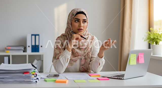 ادارة وإنجاز المهام المطلوبة عبر اللابتوب، دمج التكنولوجيا المتطورة بالعمل في شركات المملكة، صورة مقربة لامرأة عربية خليجية سعودية ترتدي الحجاب تمسك بيدها قلم تعمل على الحاسوب المحمول في مقر الشركة، مفهوم تدوين الملاحظات، استخدام جهاز تقني حديث