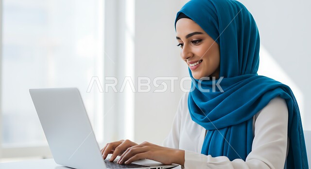 استخدام جهاز تقني حديث، ادارة وإنجاز المهام المطلوبة عبر اللابتوب، دمج التكنولوجيا المتطورة بالعمل في شركات المملكة، صورة مقربة لامرأة عربية خليجية سعودية ترتدي الحجاب تعمل على الحاسوب المحمول في مقر الشركة