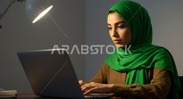 ادارة وإنجاز المهام المطلوبة عبر اللابتوب، دمج التكنولوجيا المتطورة بالعمل في شركات المملكة، صورة مقربة لامرأة عربية خليجية سعودية ترتدي الحجاب تعمل على الحاسوب المحمول في مقر الشركة، استخدام جهاز تقني حديث
