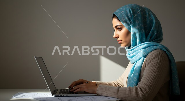 دمج التكنولوجيا المتطورة بالعمل في شركات المملكة، صورة مقربة من الجانب لامرأة عربية خليجية سعودية ترتدي الحجاب تعمل على الحاسوب المحمول في مقر الشركة، ادارة وإنجاز المهام المطلوبة عبر اللابتوب، استخدام جهاز تقني حديث