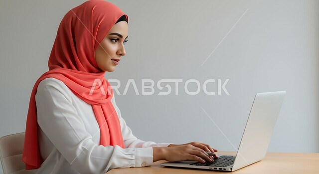 Using modern technology device, remote business management, close-up side portrait of Saudi Arabian Gulf woman wearing hijab working on laptop, integrating advanced technology into work, completing required tasks via laptop, white background