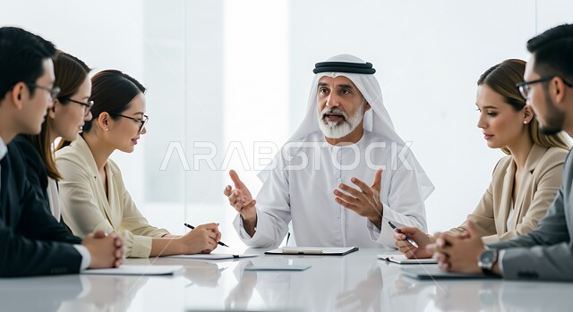 تبادل النقاشات في العمل في المكتب داخل مقر الشركة, بيئة مريحة في الشركات الاماراتية, التعارف وبناء العلاقات الاجتماعية, رجل أعمال عربي خليجي اماراتي يرتدي الكندورة والغترة يقوم بشرح خطط واستراتيجيات المهام المطلوبة للموظفين
