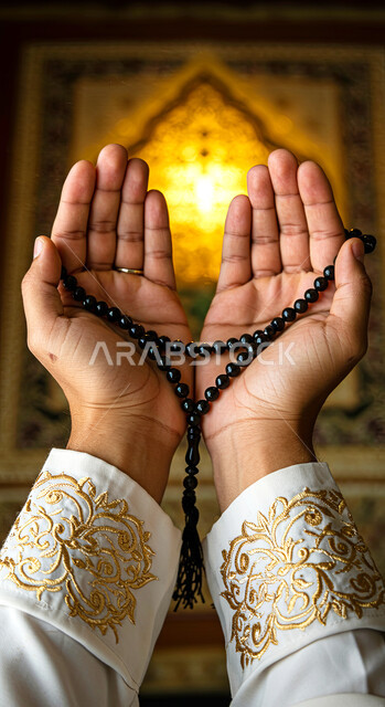 التسبيح والإكثار من الذكر، الاجتهاد في العبادة والتقرب إلى الله في شهر رمضان المبارك، الدعاء وطلب المغفرة والصفح، صورة مقربة لأيدي امرأة عربية خليجية سعودية ترتدي عباءة بيضاء مزخرفة تحمل مسبحة من حبات الخرز الخشبية