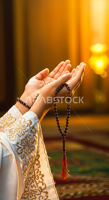 الإكثار من الذكر والتسبيح، الاجتهاد في العبادة والتقرب إلى الله في شهر رمضان المبارك، الدعاء وطلب المغفرة والصفح، صورة مقربة لأيدي امرأة عربية خليجية سعودية ترتدي عباءة بيضاء مزخرفة تحمل مسبحة من حبات الخرز الخشبية
