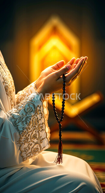 الدعاء وطلب المغفرة والصفح، الاجتهاد في العبادة والتقرب إلى الله في شهر رمضان المبارك، الإكثار من الذكر والتسبيح، صورة مقربة لأيدي امرأة عربية خليجية سعودية ترتدي عباءة بيضاء مزخرفة تحمل مسبحة من حبات الخرز الخشبية