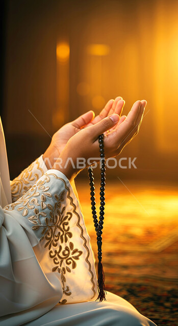 طلب المغفرة والدعاء والصفح، الاجتهاد في العبادة والتقرب إلى الله في شهر رمضان المبارك، الإكثار من الذكر والتسبيح، صورة مقربة لأيدي امرأة عربية خليجية سعودية ترتدي عباءة بيضاء مزخرفة تحمل مسبحة من حبات الخرز الخشبية