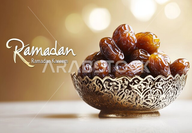 مخطوطة رمضان كريم باللغة الانجليزية، محصول ومنتج زراعي محلي وطني سعودي، رطب من نخيل المملكة العربية السعودية، ضيافة رمضانية لذيذة، صورة مقربة لطبق مليء بالتمر السكري الصحي الطازج, وجبة ذات قيمة غذائية عالية