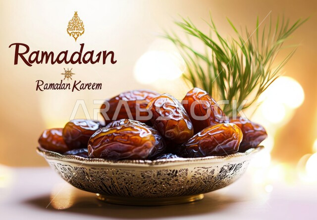 Dates from the palm trees of Saudi Arabia, a delicious Ramadan hospitality, a local Saudi national agricultural crop and product, a close-up of a plate full of fresh healthy sugary dates, a meal with high nutritional value, Ramadan Kareem manuscript in English