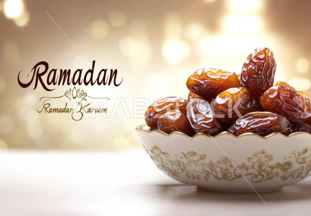 ضيافة رمضانية لذيذة، رطب من نخيل المملكة العربية السعودية، محصول ومنتج زراعي محلي وطني سعودي، صورة مقربة لطبق مليء بالتمر السكري الصحي الطازج, وجبة ذات قيمة غذائية عالية، مخطوطة رمضان كريم باللغة الانجليزية