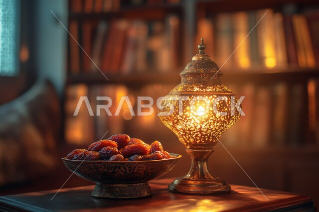 Traditional decorative metal lantern glowing next to a bowl full of dates, Ramadan Iftar, hospitality of the month of goodness, accessories and decorations for holidays and occasions, atmosphere of the holy month, traditional Islamic lanterns and antiques to celebrate the coming of religious occasions, local national product