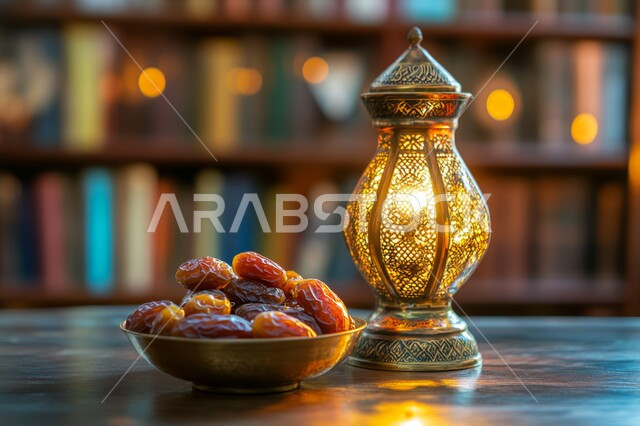 افطار الصائم في رمضان, ضيافة شهر الخير، اكسسوارات وزينة الأعياد والمناسبات، فانوس معدني تقليدي مزخرف متوهج بجانب وعاء مليء بالتمر، أجواء الشهر الفضيل، فوانيس و تحف اسلامية تقليدية للاحتفال بقدوم المناسبات الدينية, منتج محلي وطني