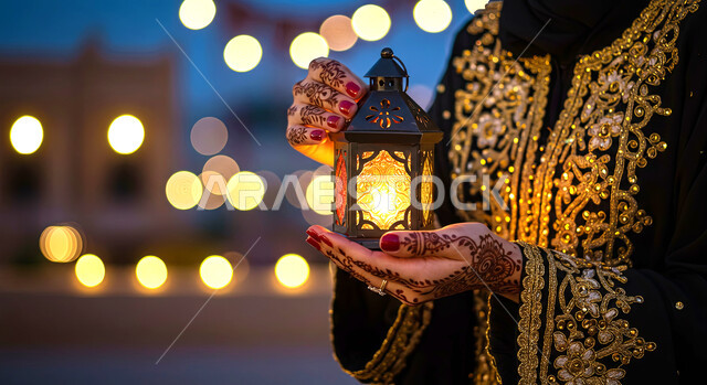 أنوار وزينة الأعياد والمناسبات الدينية الاسلامية، الاستعداد والتجهز لاستقبال شهر رمضان المبارك، الاحتفال بقدوم شهر الخير، صورة مقربة ليد امرأة عربية خليجية سعودية ترتدي عباءة سوداء مزخرفة تحمل فانوس معدني مضيء