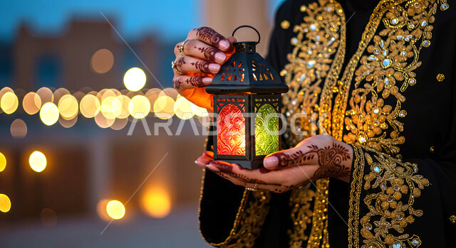 زينة وأنوار الأعياد والمناسبات الدينية الاسلامية، الاستعداد والتجهز لاستقبال شهر رمضان المبارك، الاحتفال بقدوم شهر الخير، صورة مقربة ليد امرأة عربية خليجية سعودية ترتدي عباءة سوداء مزخرفة تحمل فانوس معدني مضيء