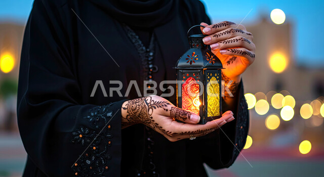 الاستعداد والتجهز لاستقبال شهر رمضان المبارك، الاحتفال بقدوم شهر الخير، صورة مقربة ليد امرأة عربية خليجية سعودية ترتدي عباءة سوداء تحمل فانوس معدني مزخرف مضيء، زينة وأنوار الأعياد والمناسبات الدينية الاسلامية
