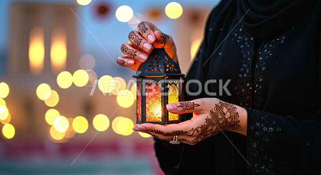 Celebrating the arrival of the month of goodness, preparing and getting ready to receive the holy month of Ramadan, a close-up of the hand of a Saudi Arabian Gulf woman wearing a black abaya holding a decorated illuminated metal lantern, decorations and lights for Islamic holidays and religious occasions